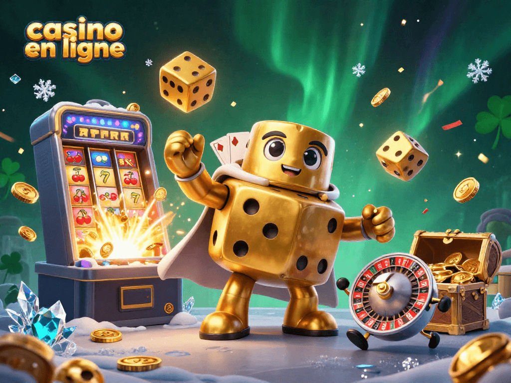 Jouez au casino en ligne avec des dés dorés et une machine à sous explosant de pièces.