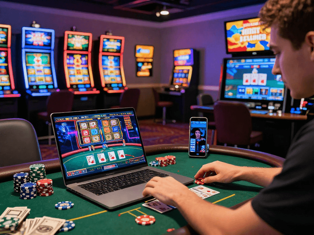 Expérience de jeu immersive sur casino en ligne avec jeux variés, jetons et ambiance colorée.