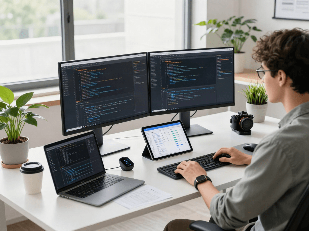 Scène de développement logiciel avec un travailleur utilisant Atlas pro ontv dans un environnement technologique moderne.
