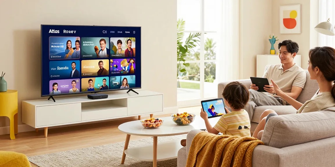 Famille profitant de l'IPTV Atlas Pro dans un salon moderne avec ambiance chaleureuse