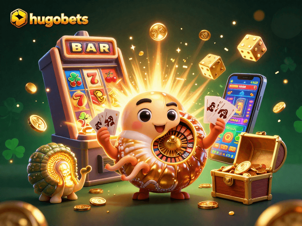 Experience thrilling gameplay at hugobets with an animated nautilus, vibrant slot machines, and gleaming treasures.