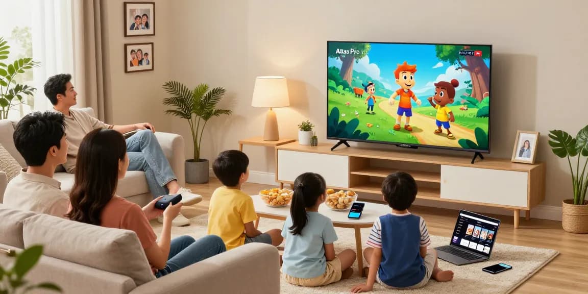 Profitez de moments en famille avec Atlas Pro, regardant des films dans un salon chaleureux.