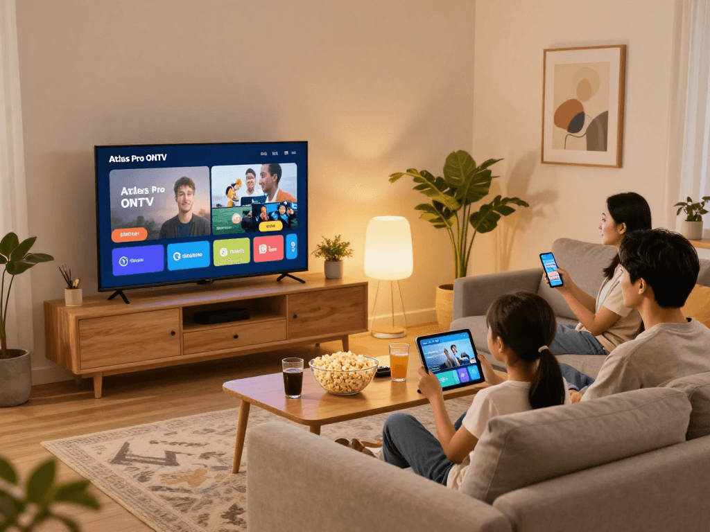 Famille utilisant l'application atlas pro ontv pour regarder des films dans un salon moderne.