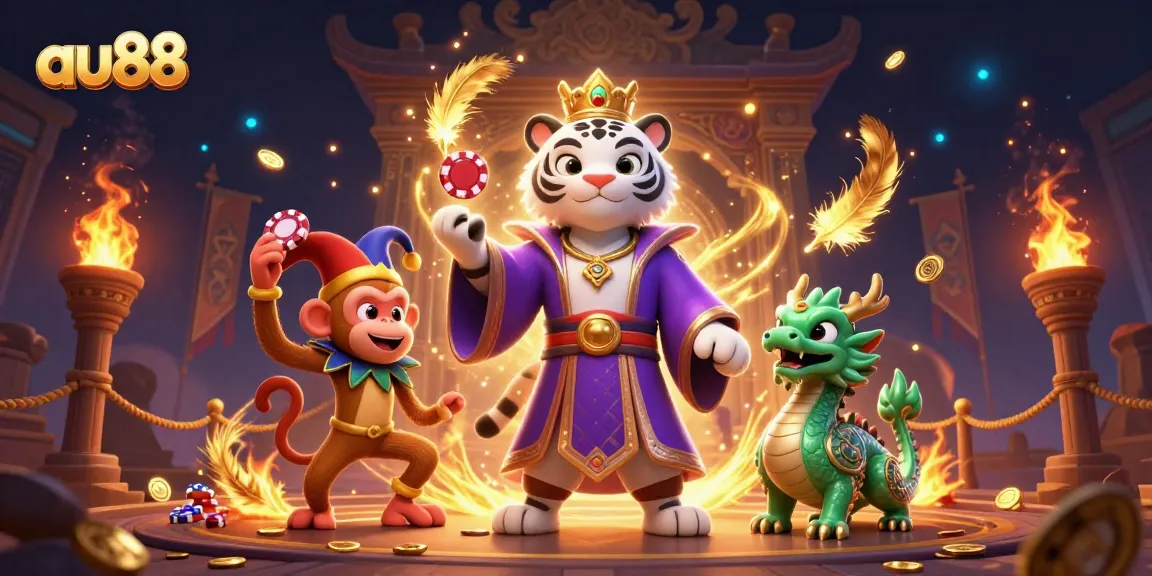 Engage in thrilling gameplay with au88 featuring a majestic tiger and playful monkey amid a dynamic casino scene.