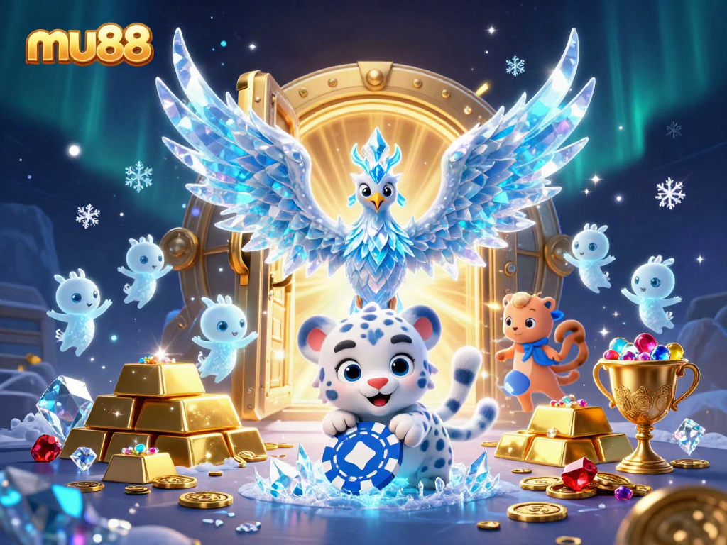 Engage with the vibrant world of mu88 featuring an ice phoenix, snow leopard, and sparkling treasures.