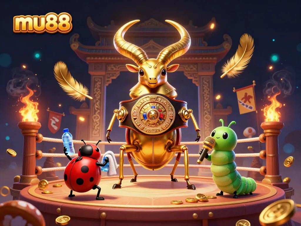 Engage with mu88's exciting gaming universe featuring a 3D golden beetle champion in a dynamic casino battle scene.