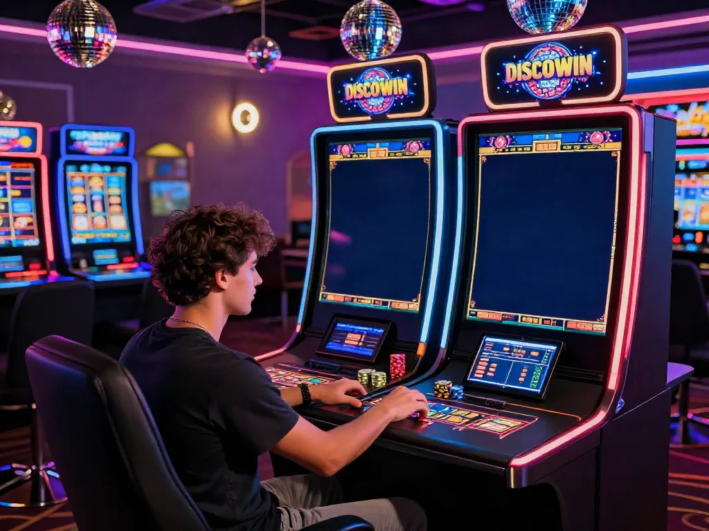 Joueur enthousiaste sur DiscoWin casino voyant des jeux colorés avec des lumières vives.