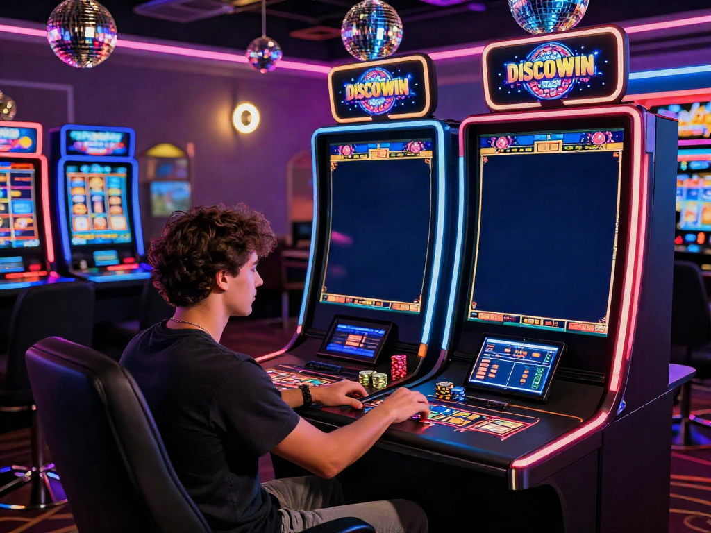 Joueur enthousiaste sur DiscoWin casino voyant des jeux colorés avec des lumières vives.