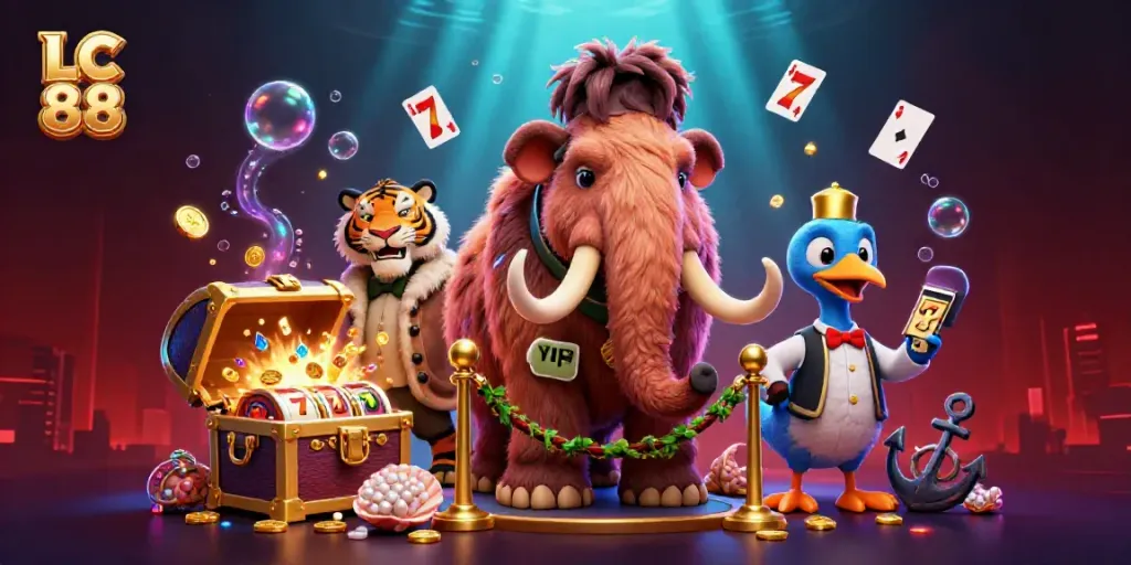 LC 88 showcases colorful slot reels exploding with treasures in a vibrant 3D casino setting.
