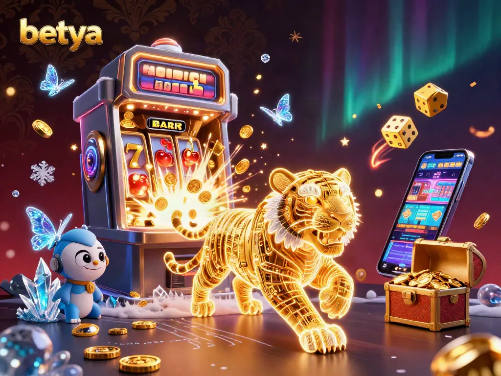 Experience the thrill of Betya Casino with a neon-lit tiger and vibrant jackpot explosion.