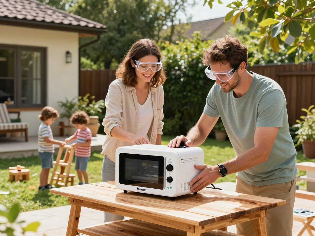 Traitement du bois avec le dispositif Shashel® en plein air, famille dans le jardin.