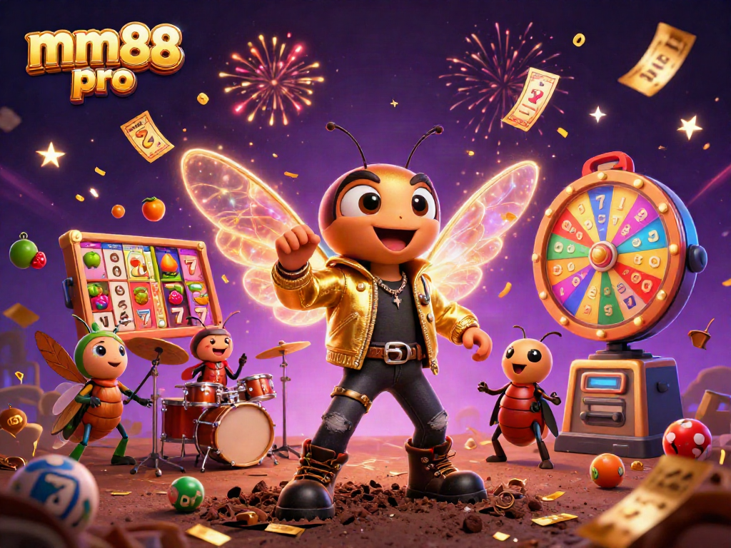 Celebrate big wins with mm88 pro in a vibrant casino-themed illustration filled with slot icons.