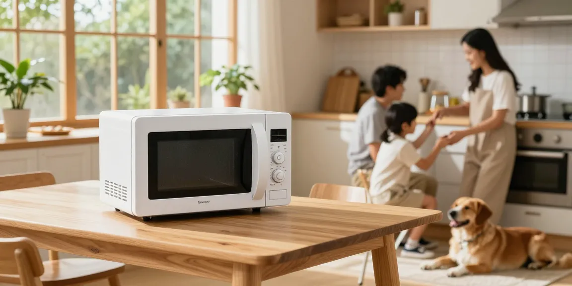 Traitement sans produits chimiques Shashel® pour un environnement domestique sain, avec une famille heureuse et un chien dans une cuisine lumineuse.