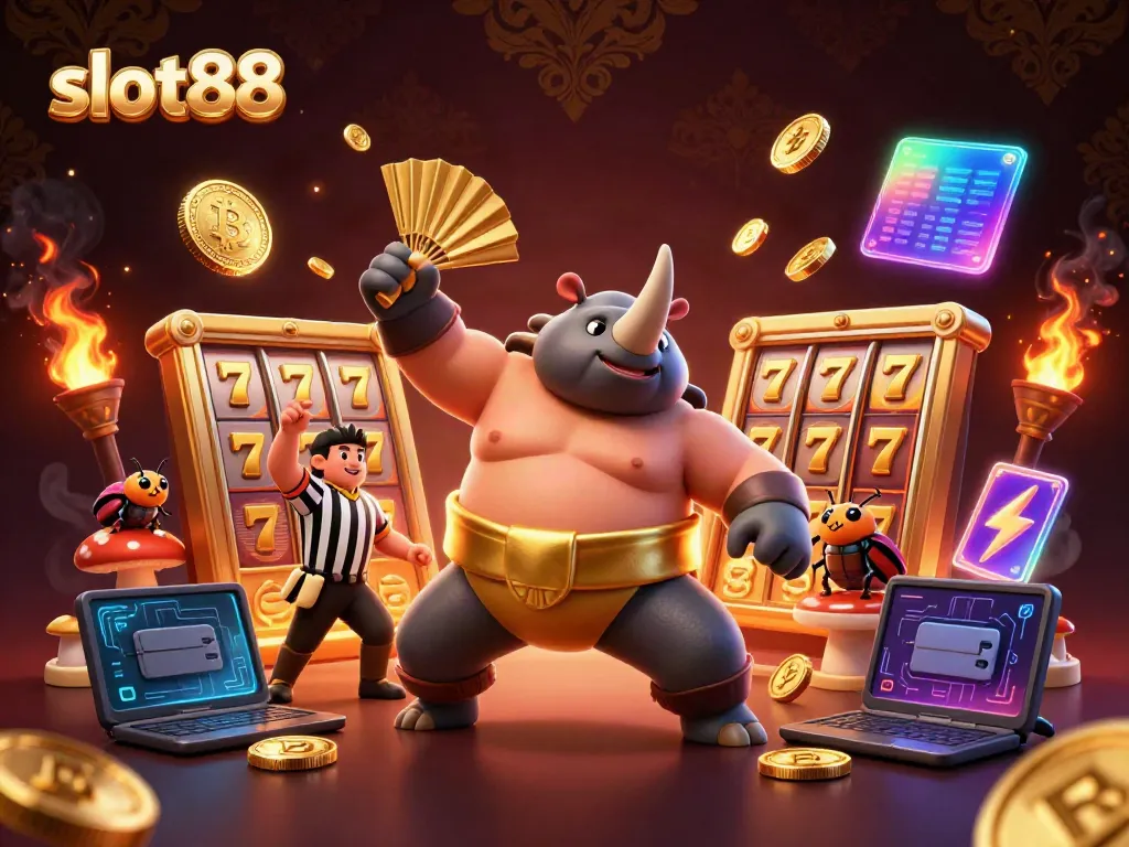 Enjoy thrilling slot88 action as a sumo champion beetle stomps coins amid colorful jackpots.
