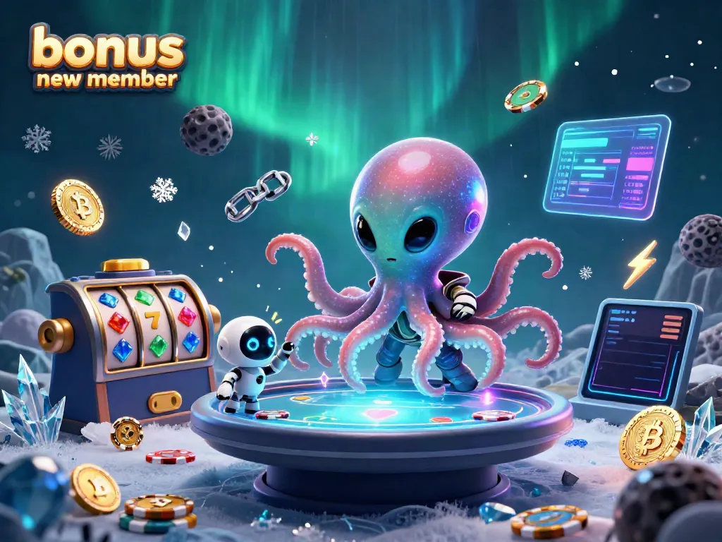 Vibrant scene showcasing an alien octopus at a poker table with a bonus new member promotion theme, surrounded by colorful casino elements.
