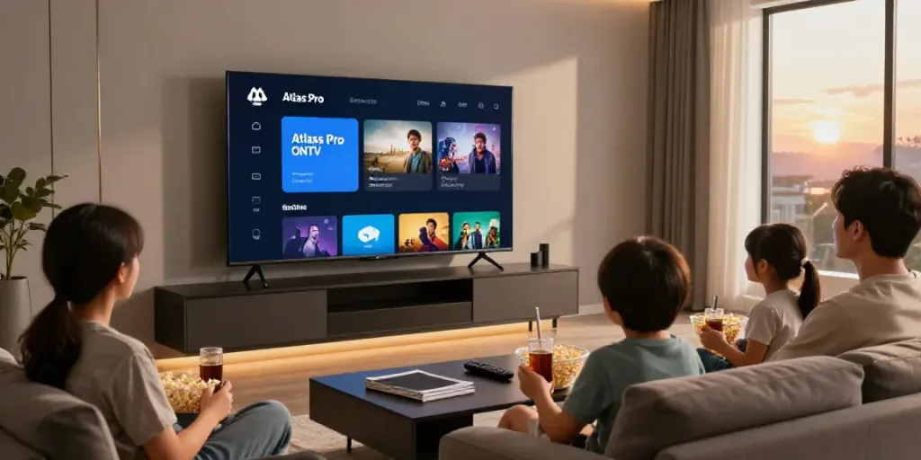 Famille regardant l'application Atlas Pro sur TV dans un salon moderne.