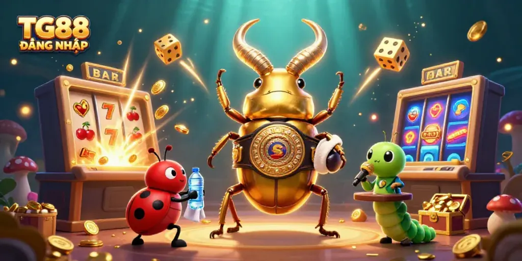 Experience the excitement of TG88 ĐĂNG NHẬP with a golden stag beetle and casino elements in a vibrant illustration.