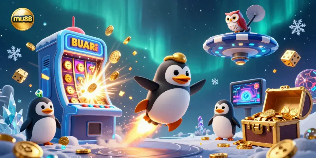 Experience the thrill of mu88 with an adventurous penguin soaring through a vibrant casino space!