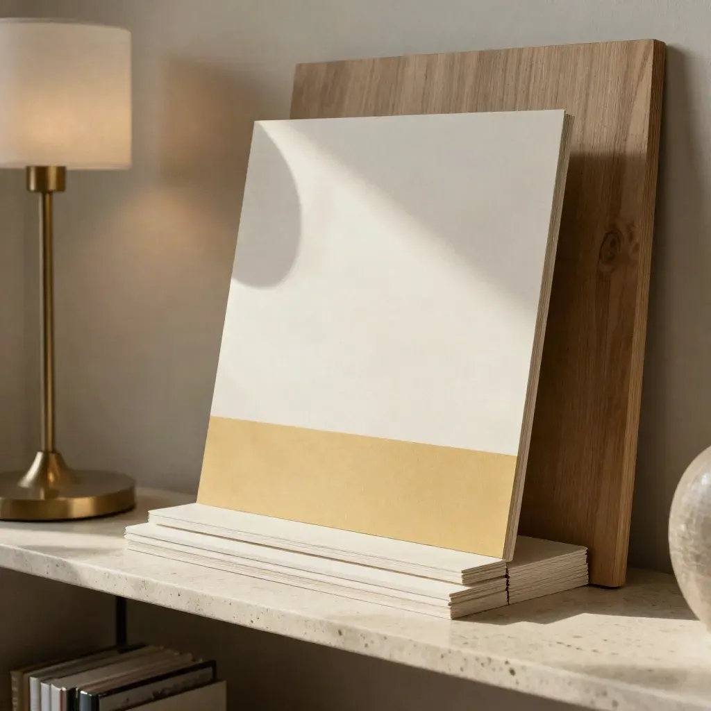 Maquette papier d’une landing page, hiérarchie verticale sur travertin, lumière chaude.