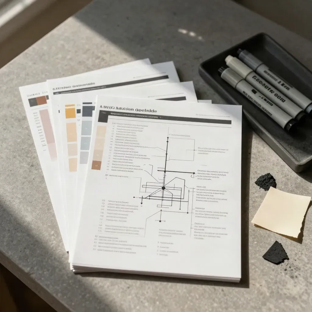 Vue zénithale d’un audit SEO avec cartes de sitemap et repères de correction sur plateau graphite.