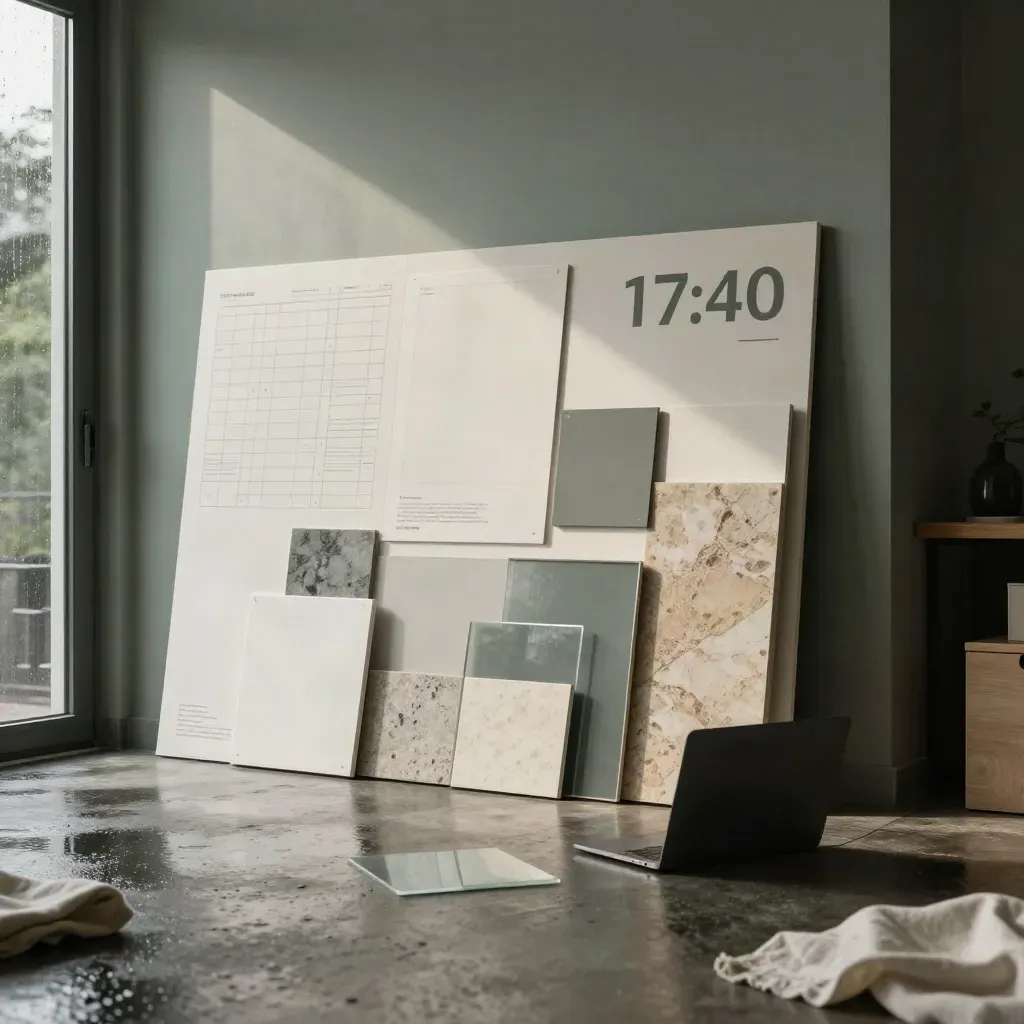 Studio web premium avec mockups, laptop fermé et échantillons, lumière après la pluie.