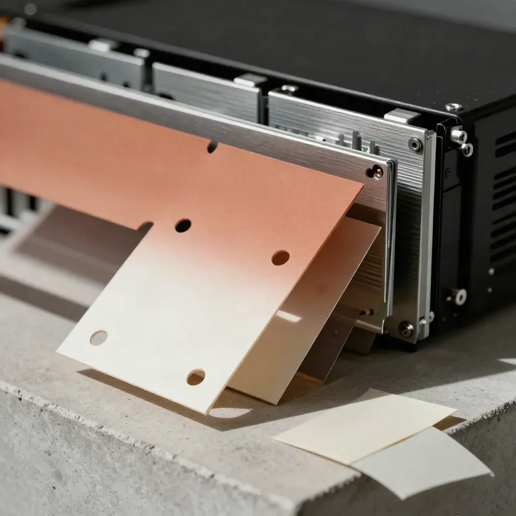 Modules de papier perforé, ailettes en aluminium et disque SSD en diagonale sur une dalle claire.