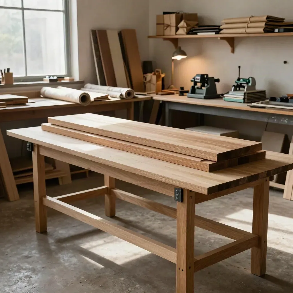Atelier artisanal rénové avec pièces en bois finies, étagères rangées et colis prêts à expédier.