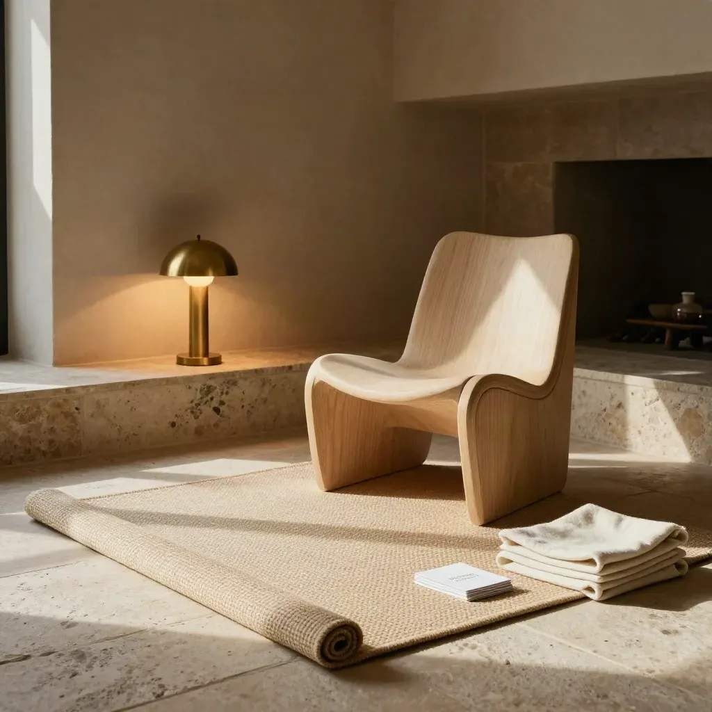 Salle de consultation calme avec tapis roulé, fauteuil sculptural, lampe chaude et cartes retournées.