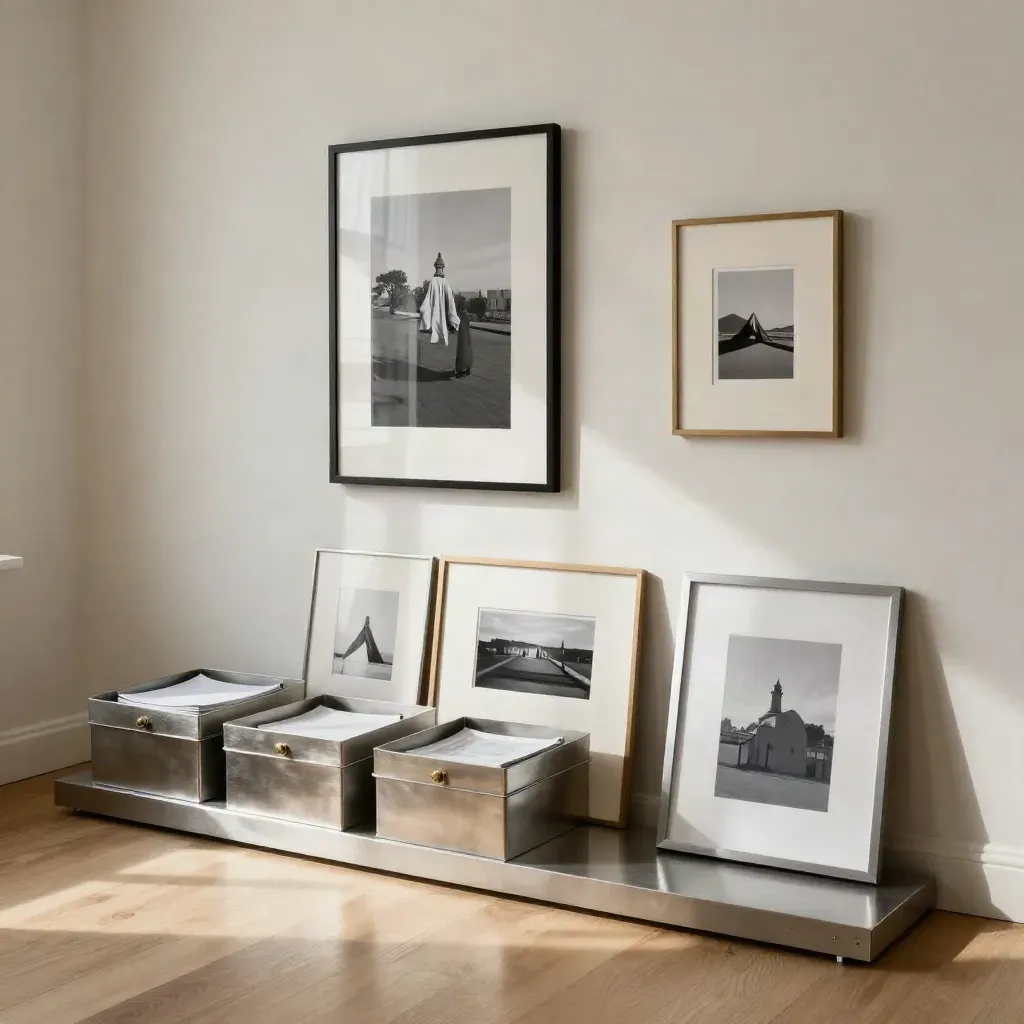 Mur de tirages photo, boîtes d’archives et caisson lumineux dans un studio ordonné.