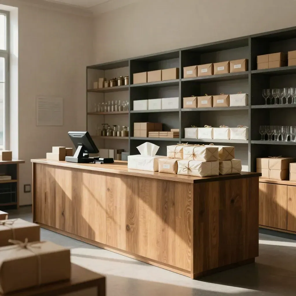 Comptoir de boutique locale rangé avec emballages, rayonnages alignés et terminal de caisse tourné.