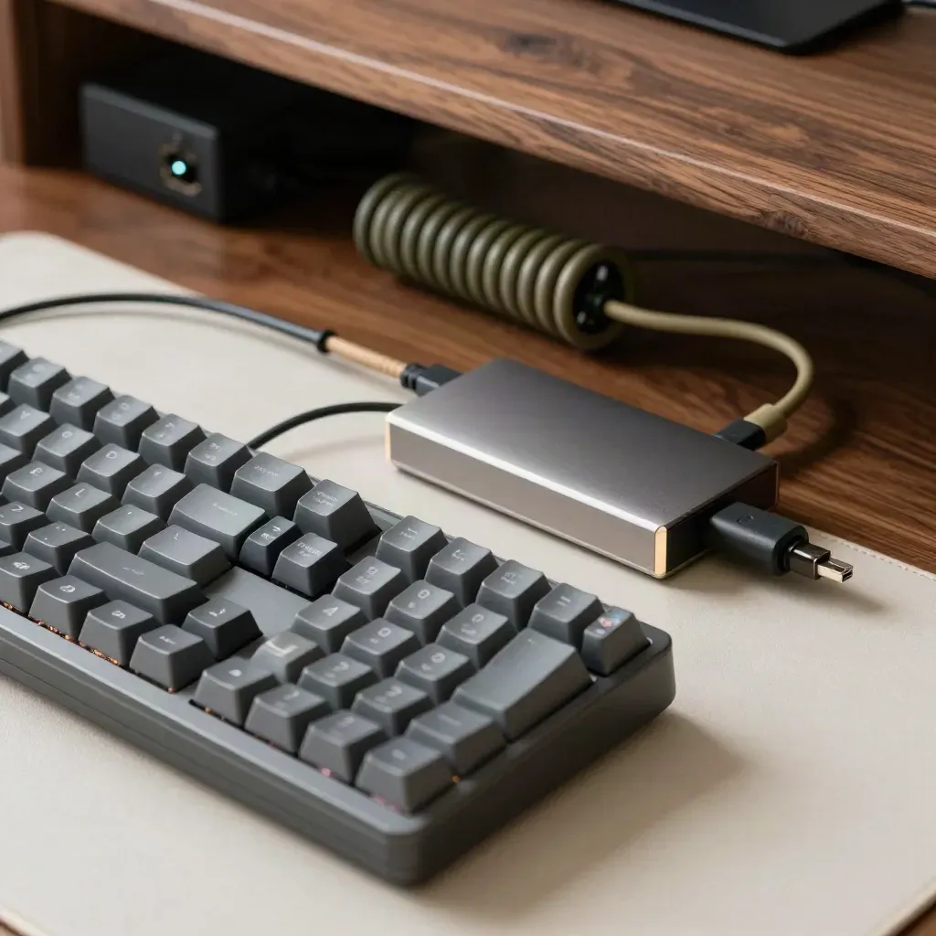 Clavier mécanique, disque de sauvegarde et câbles sur un poste WordPress en lumière rasante.