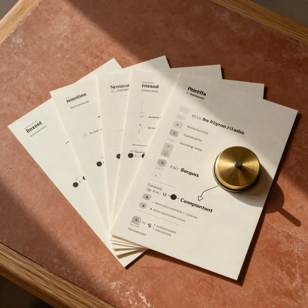Cartes papier, jetons et disque en laiton sur une dalle de terre cuite, vue du dessus.