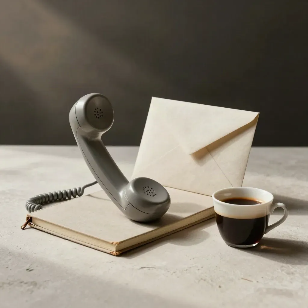 Compoixte élégante avec combiné téléphonique, carnet fermé, enveloppe givrée et tasse de café.