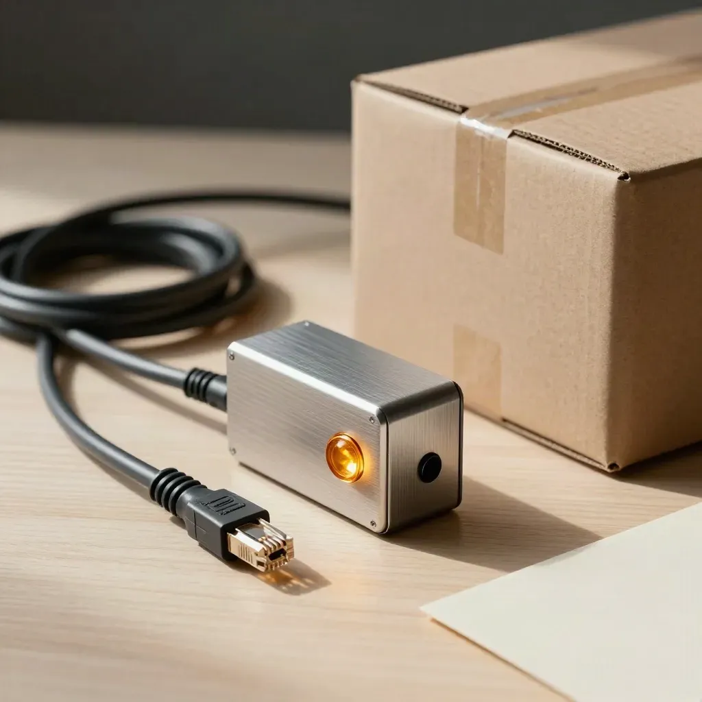 Boîtier de contrôle, câble ethernet et carton scellé sur bois pâle, lumière douce.