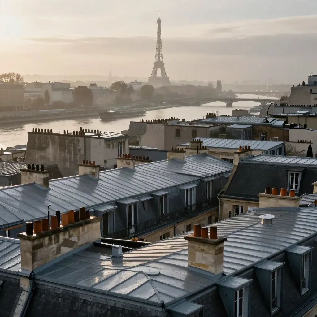 Toits parisiens dans la brume au-dessus de la Seine, tour Eiffel lointaine.