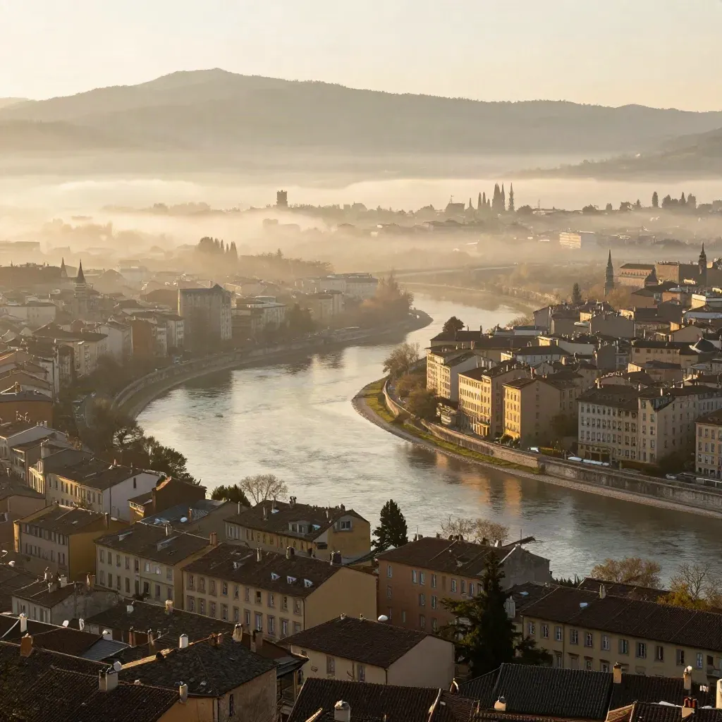 Vue aérienne de Lyon au lever du soleil, brume dorée sur la vallée et les Alpes au loin.