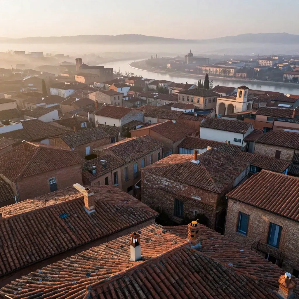 Occitanie vue du ciel : toits de tuiles roses, Garonne argentée et brume de l’aube.
