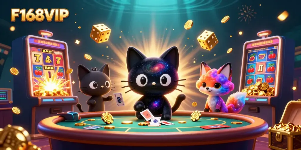 Experience cosmic excitement at F168VIP with a captivating illustrated casino scene filled with vibrant elements.