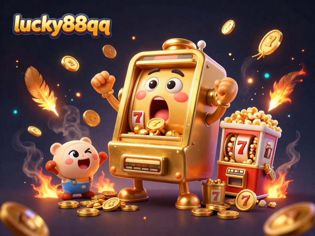 Lucky88qq slot machines celebrate a jackpot with dynamic golden elements and an energetic scene.