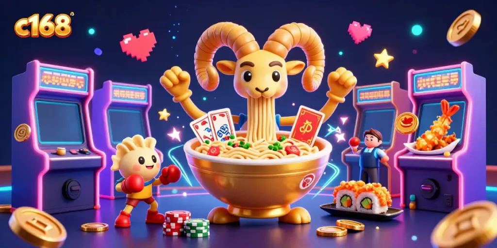 Experience the lively energy of c168 with a colorful 3D casino scene featuring playful characters.