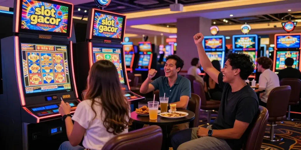 Slot gacor - Suasana di kasino dengan teman merayakan kemenangan besar.