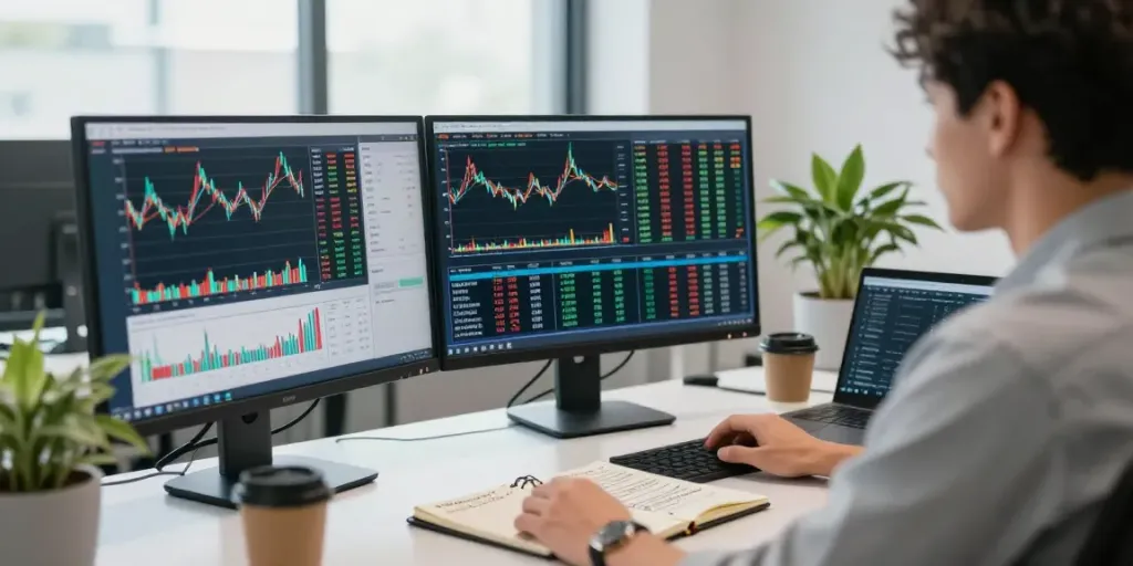Trader utilisant la plateforme essor invexaro sur plusieurs écrans, analysant des graphiques financiers.