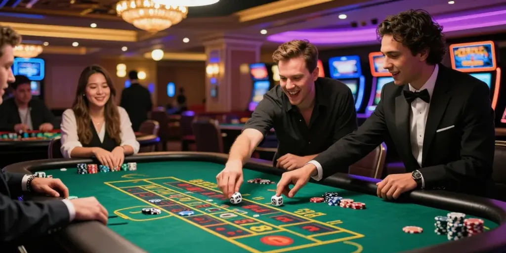 Moment captivant de jeux de dés casino avec des joueurs lançant des dés sur une table colorée.