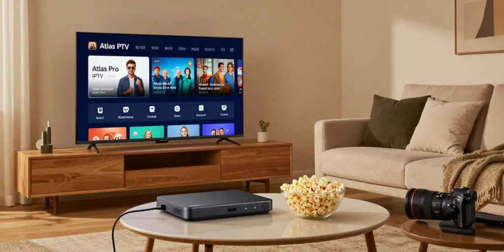 Installation moderne d'Atlas Pro IPTV sur un téléviseur avec ambiance chaleureuse.